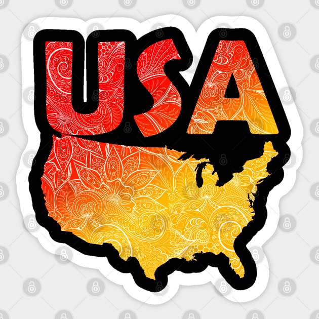 Colorful mandala art map of the United States of America with text in red and orange Sticker by Happy Citizen